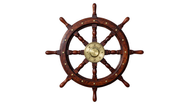 Antique wooden ship s wheel with brass accents, isolated on transparent background