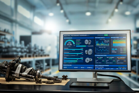 Computer monitor showing factory equipment data beside metal gears and an industrial machine part in a bright modern workshop.