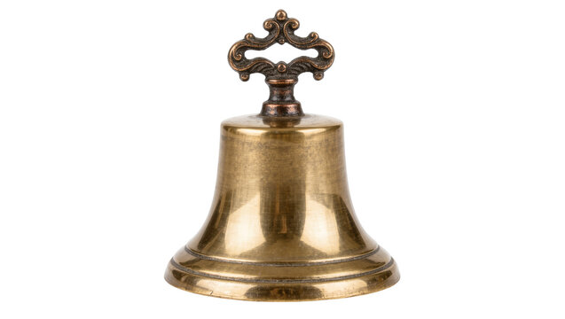 Antique brass hand bell with ornate handle, isolated on transparent background