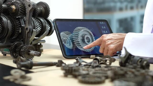 Engineer uses a tablet to inspect a digital gear design beside a mechanical gearbox and scattered metal parts in a workshop.