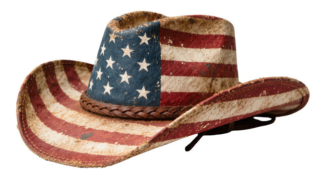 Distressed American flag cowboy hat with leather band, isolated on transparent background