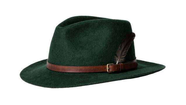 Dark green felt fedora hat with brown leather band and feather, isolated on transparent background