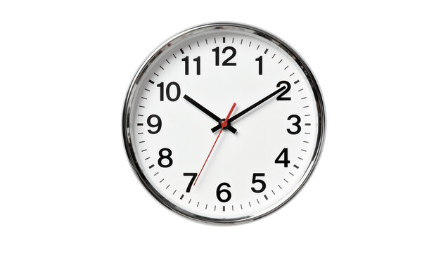 Round analog clock with black hands and red second hand, isolated on transparent background
