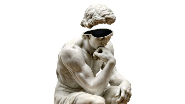 Marble sculpture of a man with his head open, isolated on transparent background