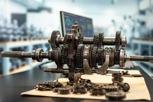 Close-up of a disassembled manual transmission gearbox with metal gears and shafts on a workbench in a blurred automotive repair workshop.