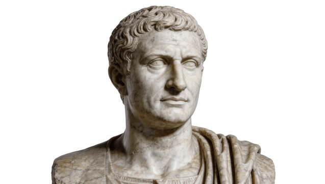 Ancient Roman marble bust of a man with short curly hair draped toga, isolated on transparent background