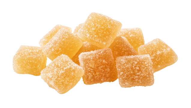 Pile of golden candied ginger pieces dusted with sugar, isolated on transparent background