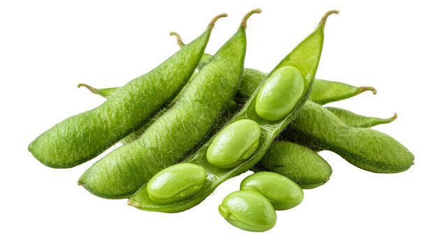 Fresh green edamame pods with beans, isolated on transparent background