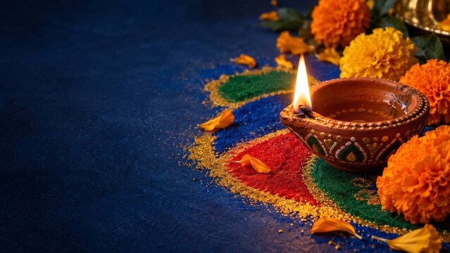 Diya lamp on colorful rangoli