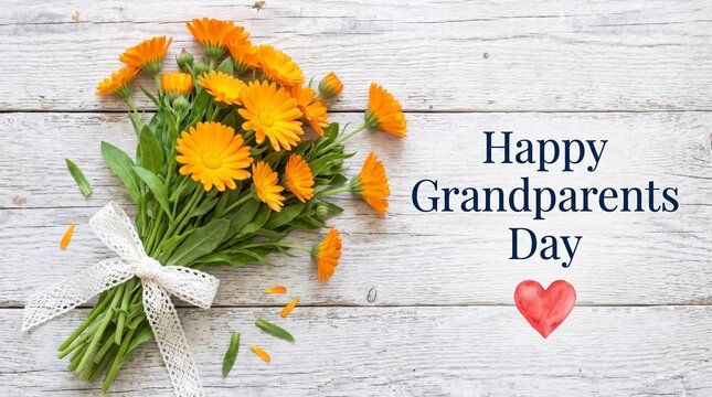 Happy Grandparents Day greeting card with orange calendula flower bouquet, rustic white wooden background, floral celebration banner with red heart