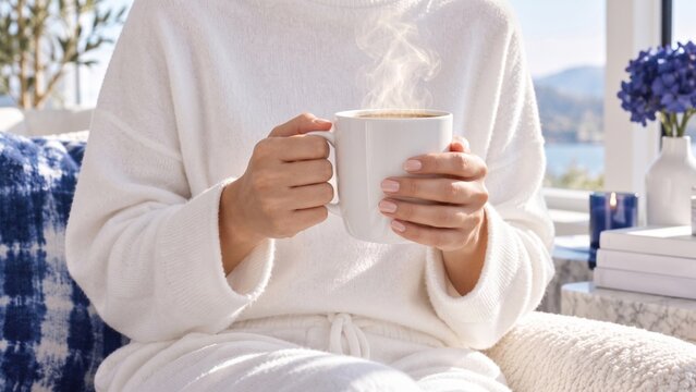 Person holding a warm drink at home