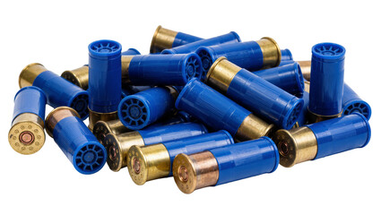 Pile of blue shotgun shells with brass casings, isolated on transparent background © Marie