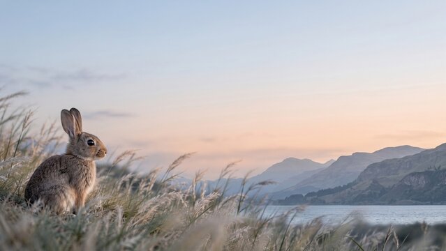 Rabbit in a mountain meadow at sunrise