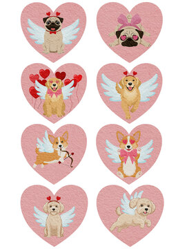 Valentine's Day cupid dog sticker pack in pink hearts featuring pug, golden retriever, corgi, and maltipoo with angel wings and bows, isolated on a transparent background