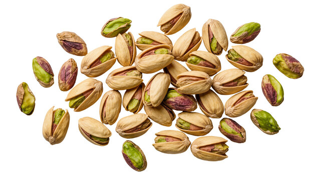 Scattered roasted pistachios with open shells revealing green kernels, isolated on transparent background