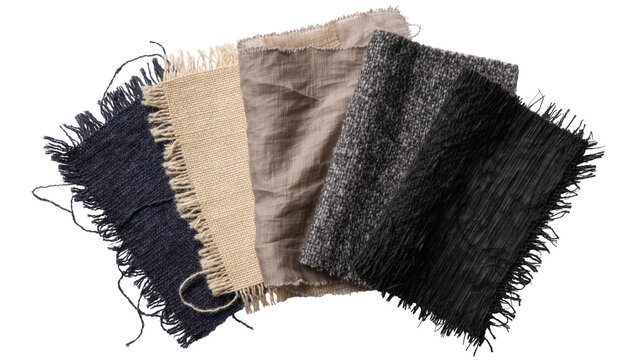 Collection of five fabric swatches with frayed edges, isolated on transparent background