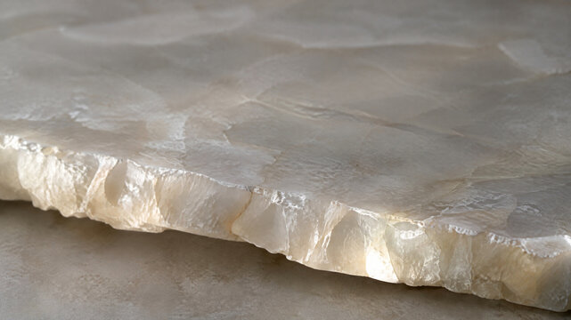 Polished white onyx marble slab with raw chiseled edge, luxury translucent stone texture, elegant quartz mineral surface for interior design