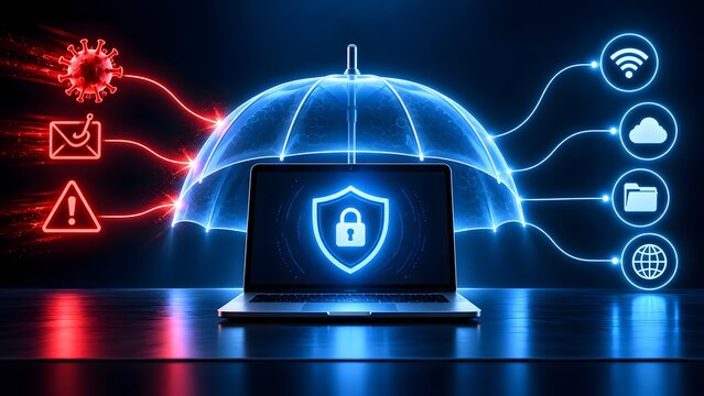 Laptop computer sheltered under a glowing blue digital umbrella deflecting red threat icons representing endpoint security and safe internet browsing