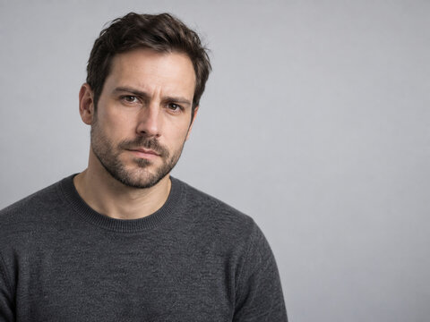 Serious man in gray sweater gazes at camera for meme template