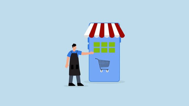 Digital shopping concept featuring an illustrated shopkeeper pointing at a smartphone display representing a virtual store, 41 style vector art