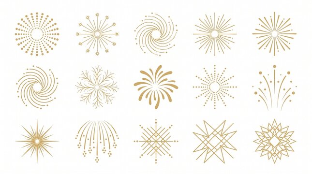 Set of decorative gold starburst and firework icons featuring minimalist geometric patterns and radiating lines on a plain background