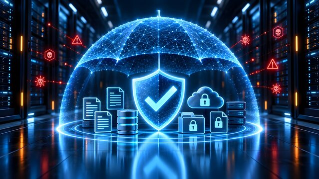 Glowing digital umbrella and checkmark shield safeguarding databases and document files against red virus icons in a secure server room environment