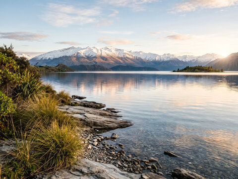 Panoramic view of Lake Wanaka with snow capped mountains and tranquil