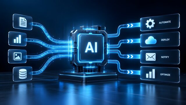 Illuminated artificial intelligence processor routing data to digital interfaces reading automate deploy notify and optimize symbolizing intelligent software processes and workflow efficiency