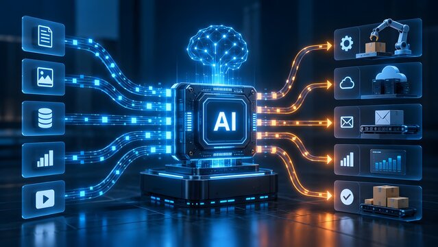 Digital brain hovering over an AI processor connected to industrial and data interfaces symbolizing intelligent automation and smart logistics management