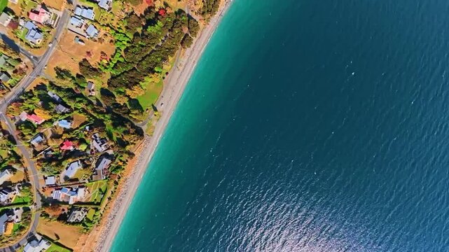 360&deg; panoramic aerial view of New Zealand, lakeside town, Wanaka