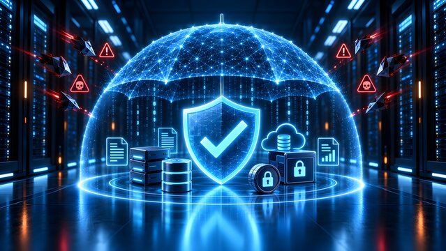 Glowing digital umbrella shielding network servers and document icons from red malicious threats symbolizing cybersecurity data protection and resilient network infrastructure