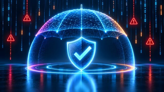 Glowing digital umbrella sheltering a checkmark shield from falling binary code and red warning triangles representing cybersecurity network protection and safe digital infrastructure