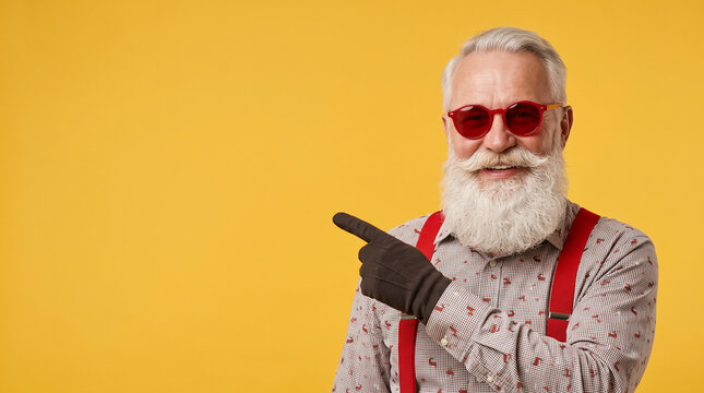 Confident senior businessman in festive attire presenting blank space perfect for modern corporate winter sales and holiday marketing goals