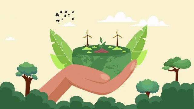 A hand holding green earth with wind turbines and plant sprout over forest landscape, vector illustration concept for eco energy and nature saving