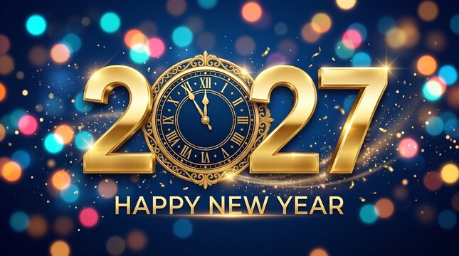2027 text with a glowing metallic clock face and golden roman numerals on a dark festive bokeh background for holiday announcements and countdowns