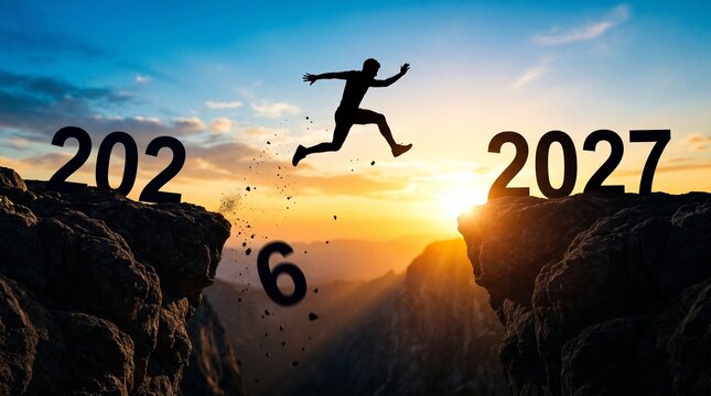 A silhouette of a person jumping across a gap between the numbers 2026 and 2027 on a cliff during a dramatic sunset
