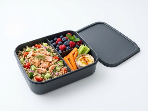 Open dark gray lunchbox filled with healthy salmon salad, berries, and vegetables with hummus
