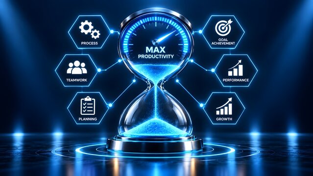 Glowing digital hourglass with a max productivity gauge connected to business workflow icons depicting optimal time management and corporate performance growth