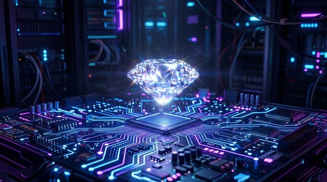 Diamond Hovering Over Glowing Cyber Circuit Board