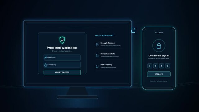 Digital cybersecurity interface showing secure login on monitor and phone