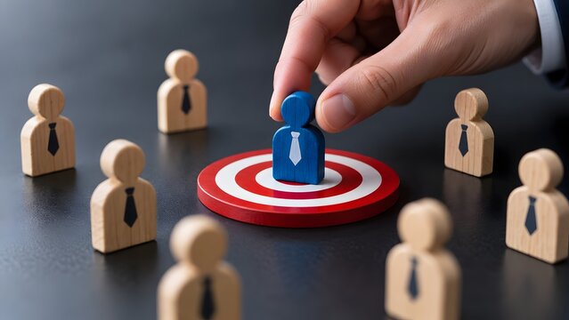 Hand placing a blue executive figure onto a red bullseye target among wooden employee icons representing targeted recruitment and headhunting
