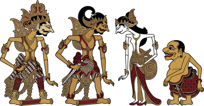 Traditional Indonesian Wayang Kulit Shadow Puppet Vector Character Set featuring Shakuni Buta Chakil and Epic Mythology Figures for Cultural Graphic Designs