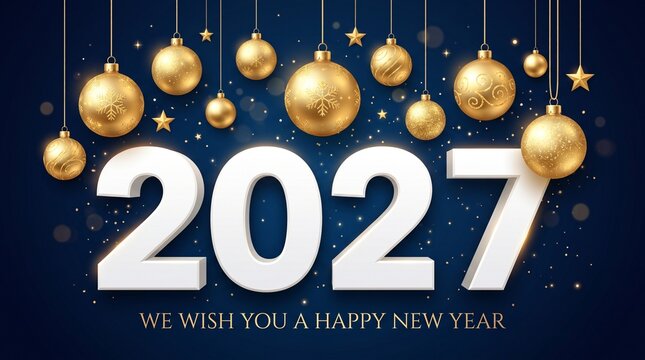 2027 text with hanging gold baubles and stars on a dark blue background for a festive New Year celebration greeting card