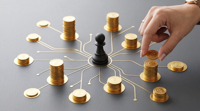 A hand placing a gold coin next to a black chess pawn on a circuit board surface representing strategic financial planning and capital allocation