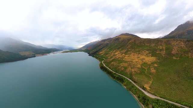 Aerial view of New Zealand in autumn, Lake Wanaka and the lakeside road
