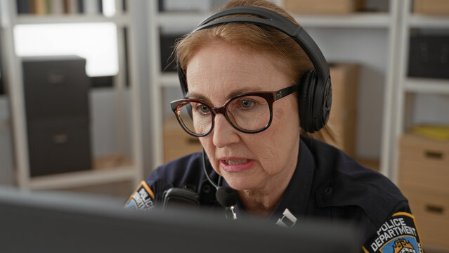 Woman police officer at desk in police dispatch speaks into headset microphone while watching a computer monitor and badge in building; duty concern.