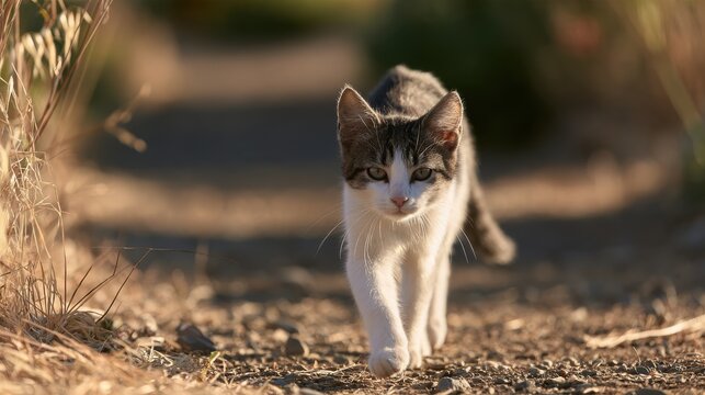 Playful tabby cat walking confidently down a sunlit path through dry grass showing curiosity and liveliness in a serene outdoor environment