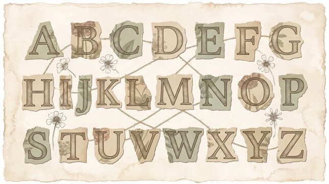 Vintage alphabet set with botanical illustrations on torn paper scraps arranged on aged textured paper background with connected thin twine