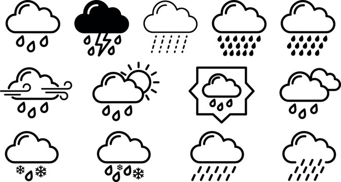 Weather Forecast Rain Icon Set with Minimalist Line Art Clouds Thunderstorm Showers Sleet and Windy Storm Symbols for Mobile Application UI Designs