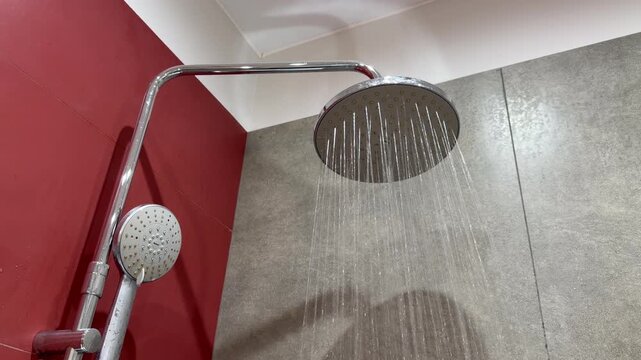 Water flows from a large round shower head close up. This is a modern bathroom with grey and red walls. Clean drops pouring from chrome sprayer panel. Refreshing morning routine process. 